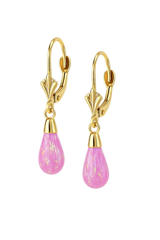 14k-Yellow and White Gold  Dangle Pink  Opal Leverback Earrings