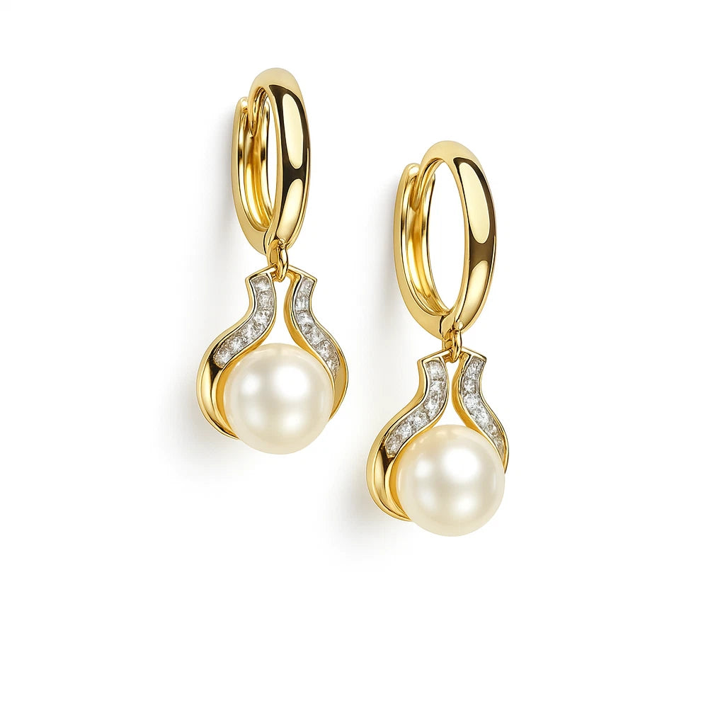 14K Yellow / White Gold Freshwater Pearl Huggie Hoop Dangle Earrings