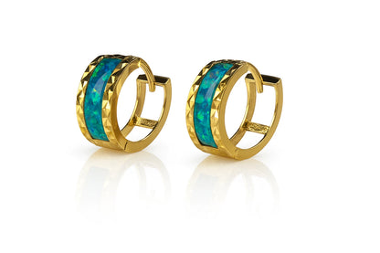 14k Yellow Gold Opal Huggie Hoop Earrings