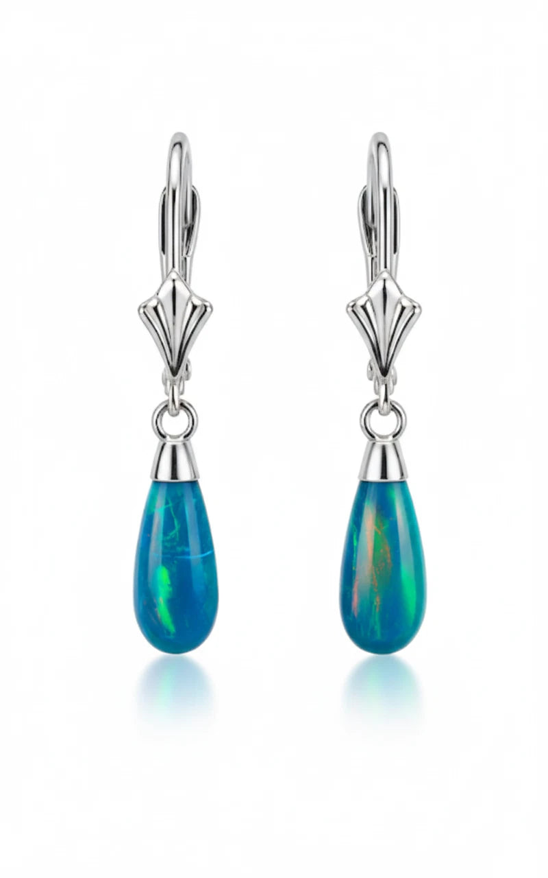 14k-Yellow and White Gold  Dangle Green Opal Leverback Earrings