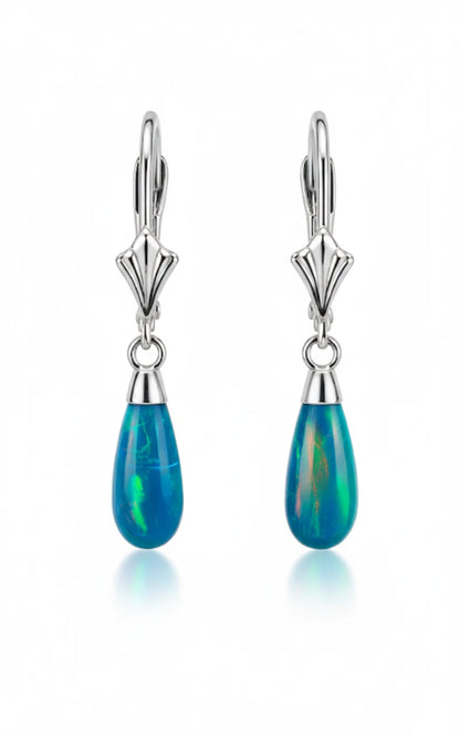 14k-Yellow and White Gold  Dangle Green Opal Leverback Earrings