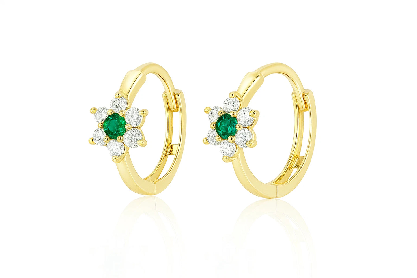 14k Yellow Gold Flower Huggies Hoop Earring Birthstone