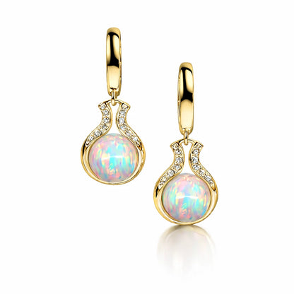 14K Yellow / White Gold  Opal Huggie Hoop Dangle Earrings