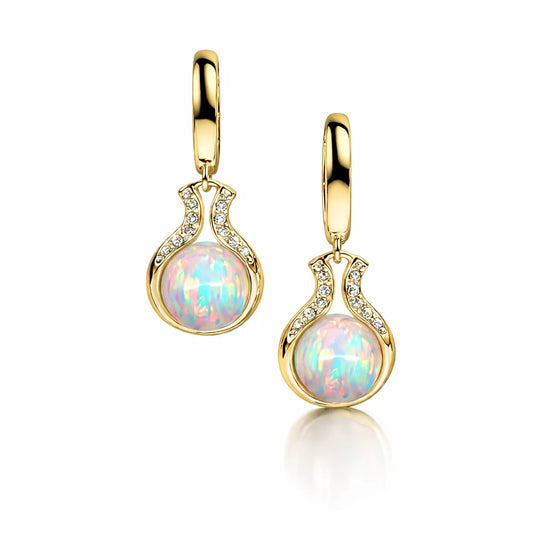 14K Yellow / White Gold  Opal Huggie Hoop Dangle Earrings