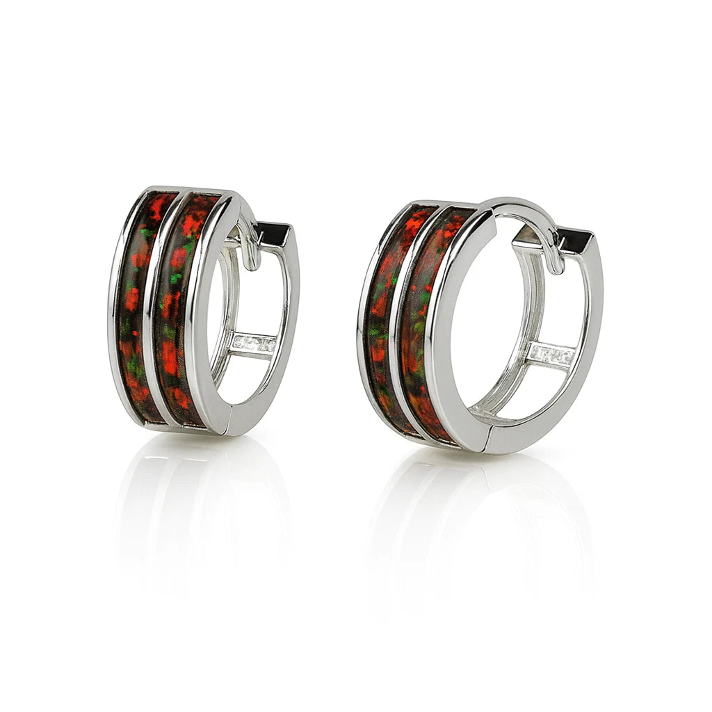 14k Yellow/White Gold Double Row Dark Green Opal Huggie Hoop Earrings