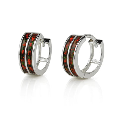 14k Yellow/White Gold Double Row Dark Green Opal Huggie Hoop Earrings