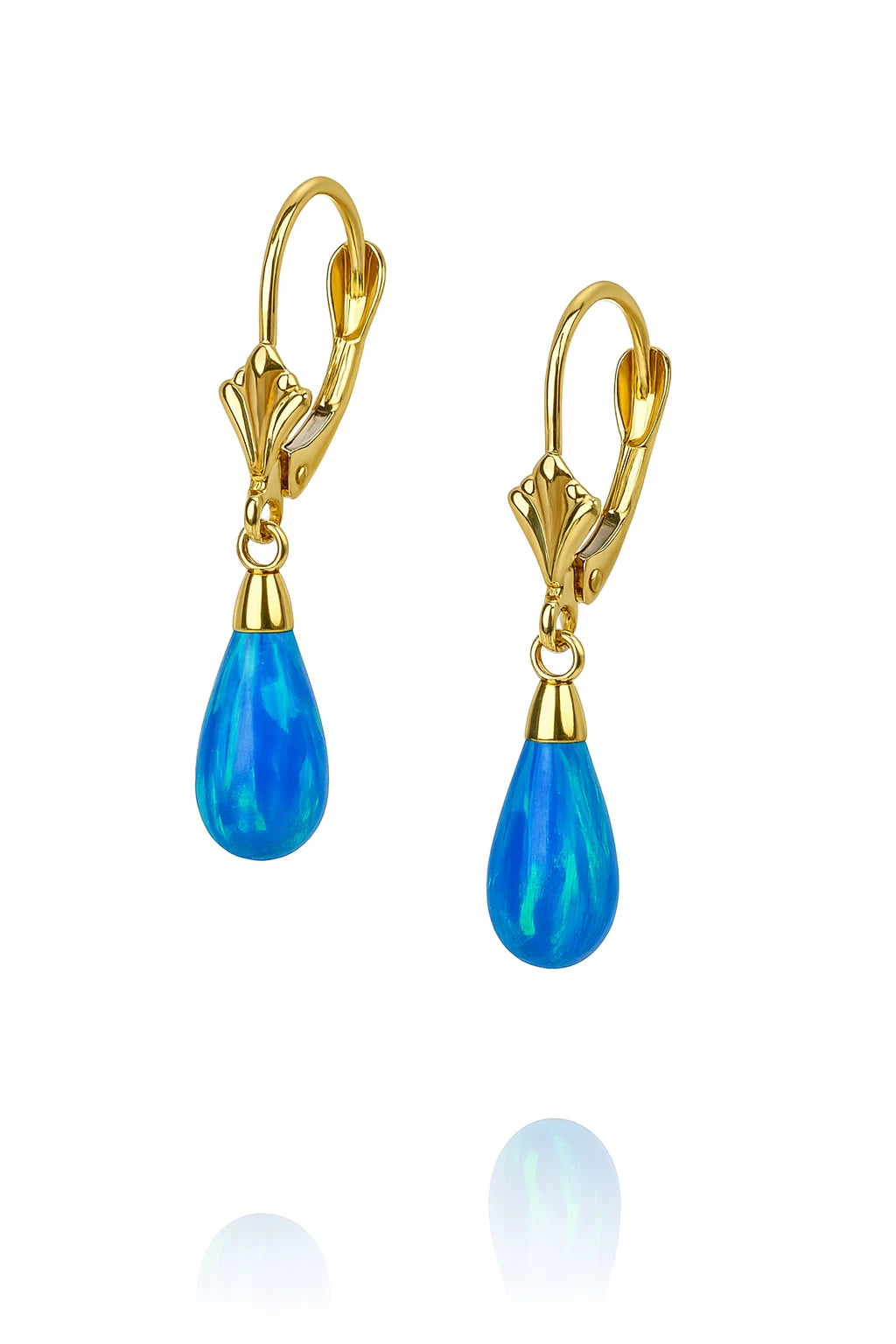 14k-Yellow and White Gold  Dangle Dark Blue Opal Leverback Earrings