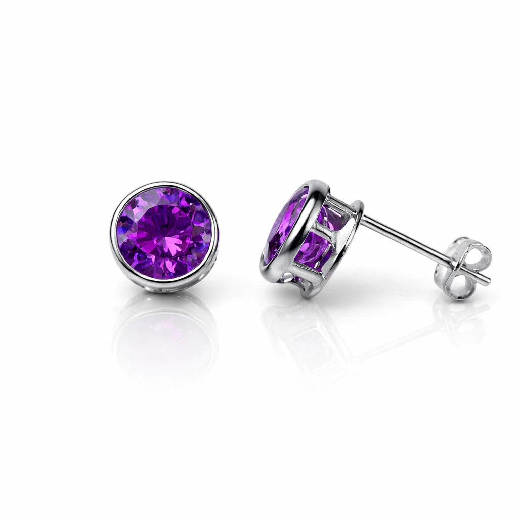 14K Round Bezel Set 6mm White Gold Birthstone Earrings