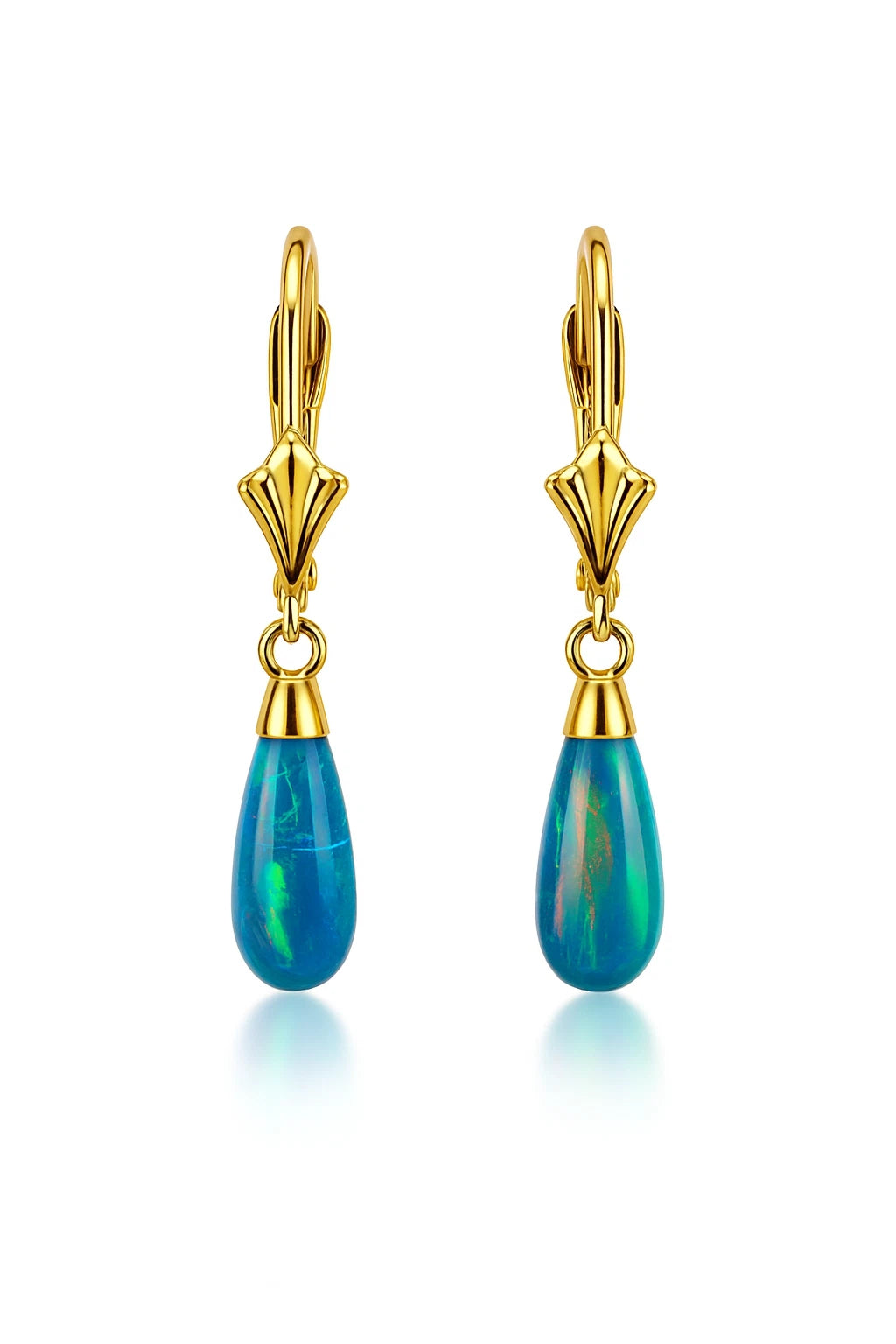 14k-Yellow and White Gold  Dangle Green Opal Leverback Earrings
