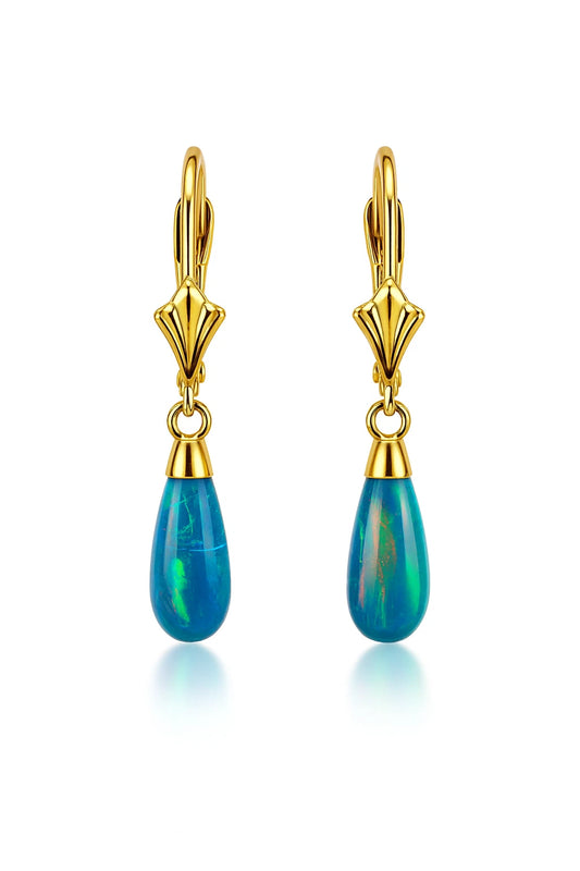 14k-Yellow and White Gold  Dangle Green Opal Leverback Earrings